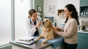 Vétérinaire examinant un chien Golden Retriever avec sa propriétaire
